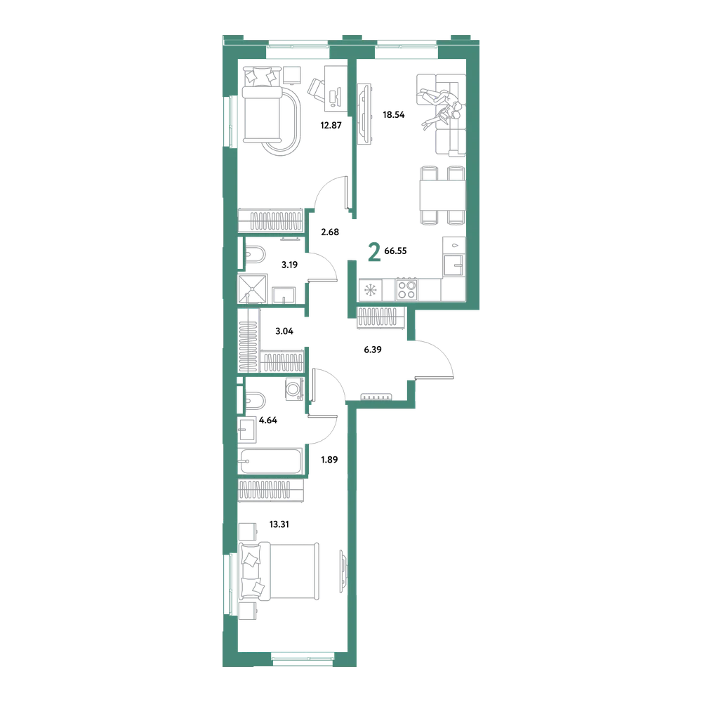 Планировка: Евродвушка 66,55 м²