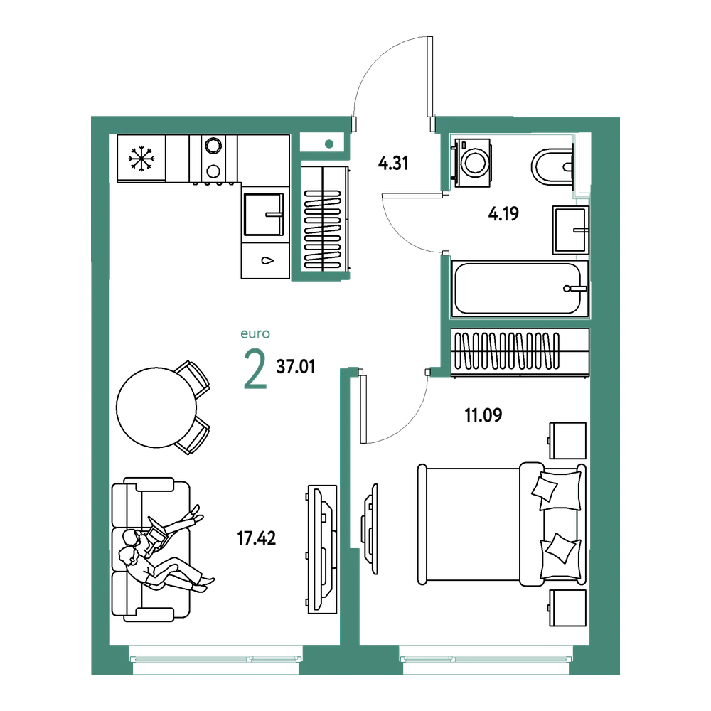 Планировка: Евродвушка 37,01 м²