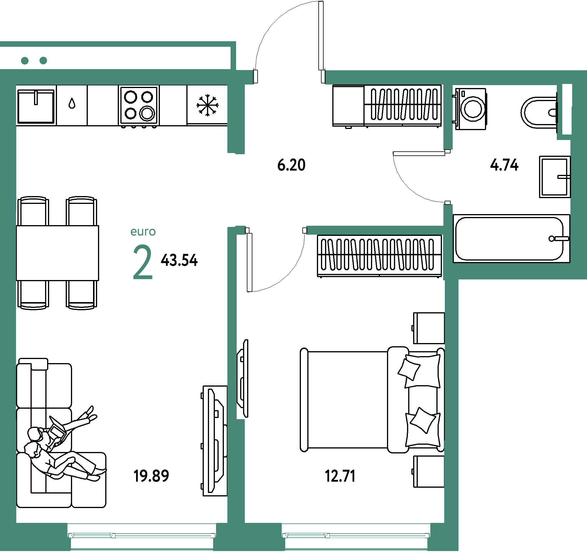 Планировка: Евродвушка 43,54 м² в ЖК «Страна.Прибрежная»