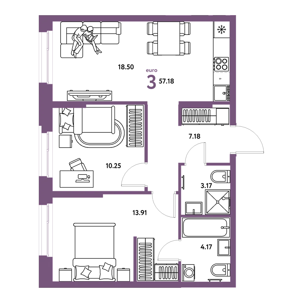 Планировка: Евротрёшка 57,18 м²
