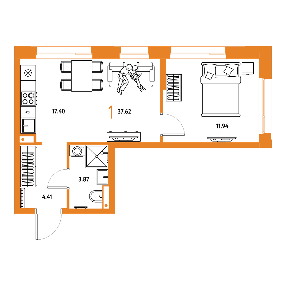 Планировка: 1-комнатная 37,62 м²