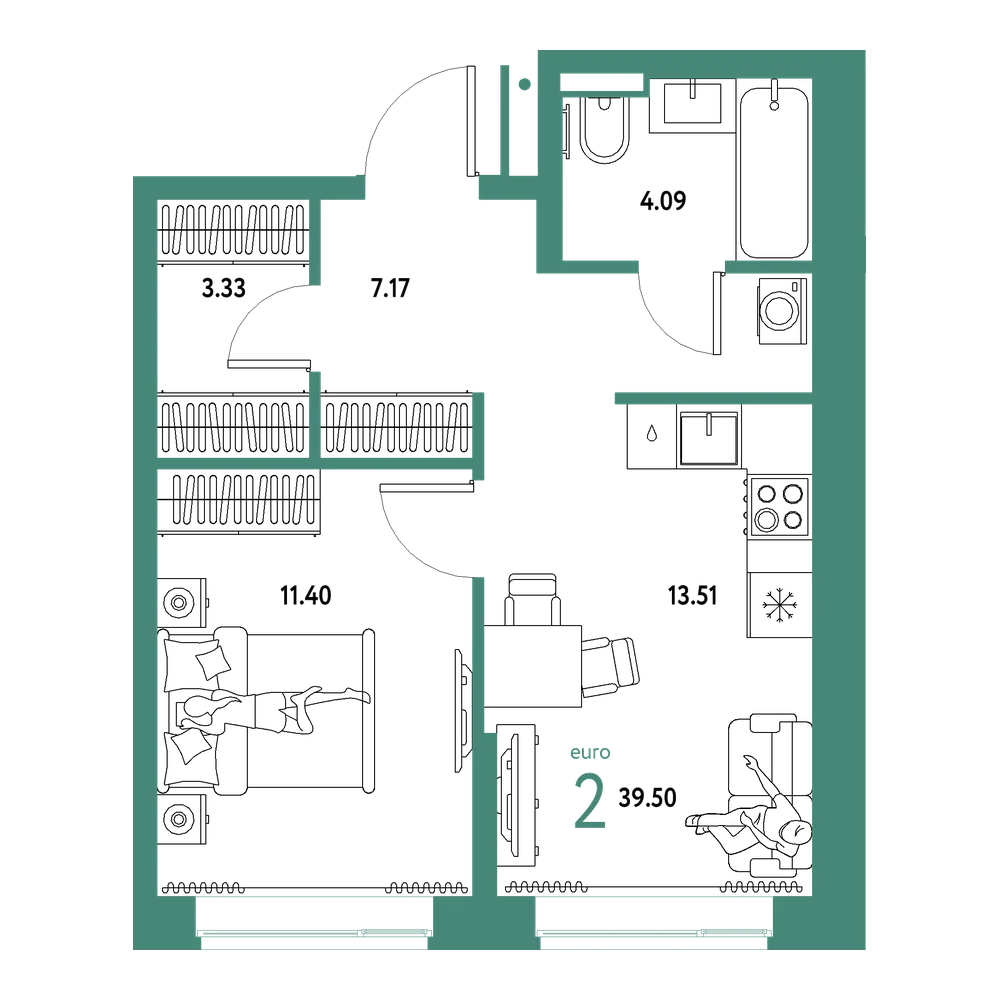 Планировка: Евродвушка 39,5 м²