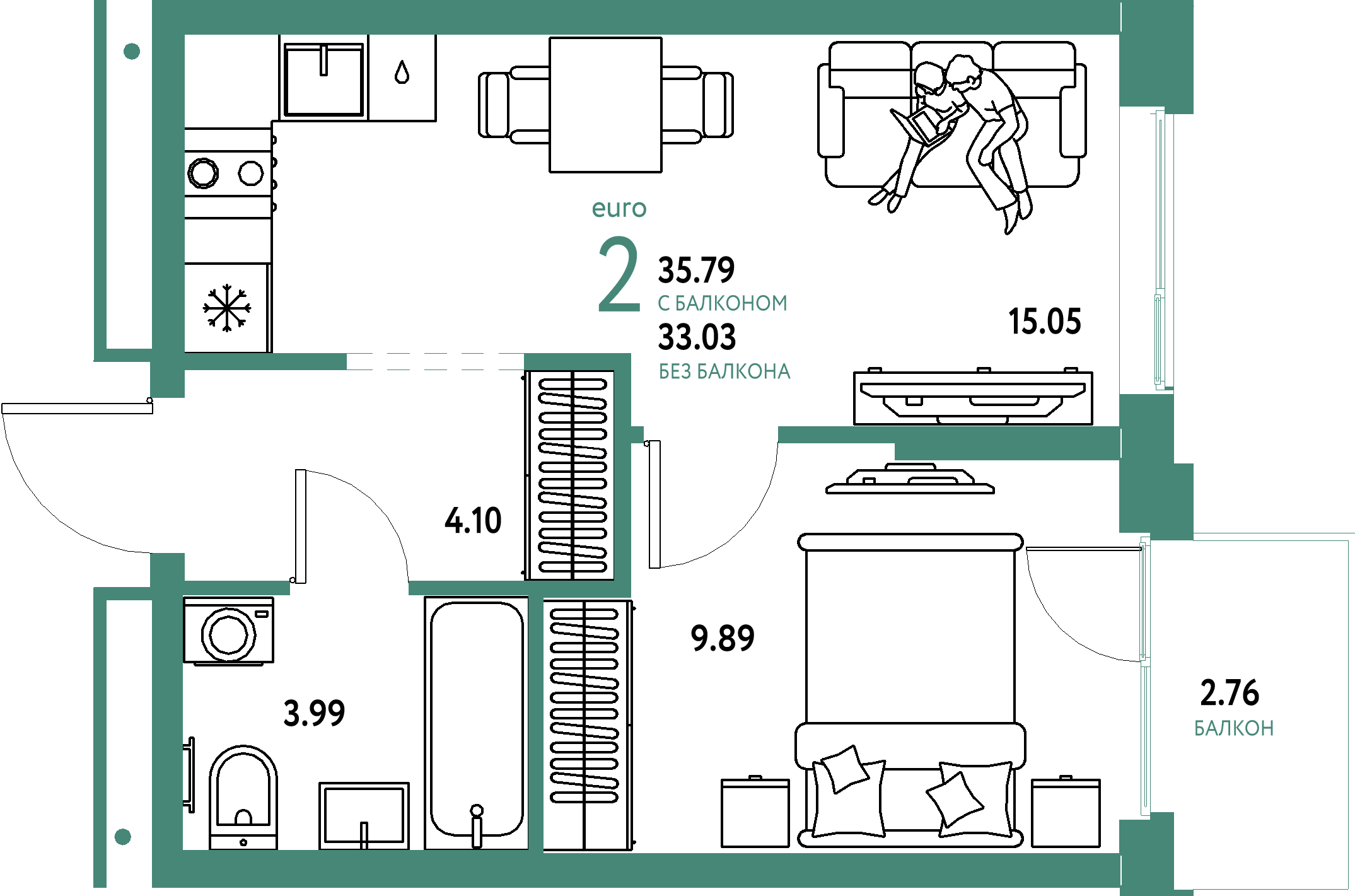 Планировка: Евродвушка 35,79 м² в ЖК «Домашний»
