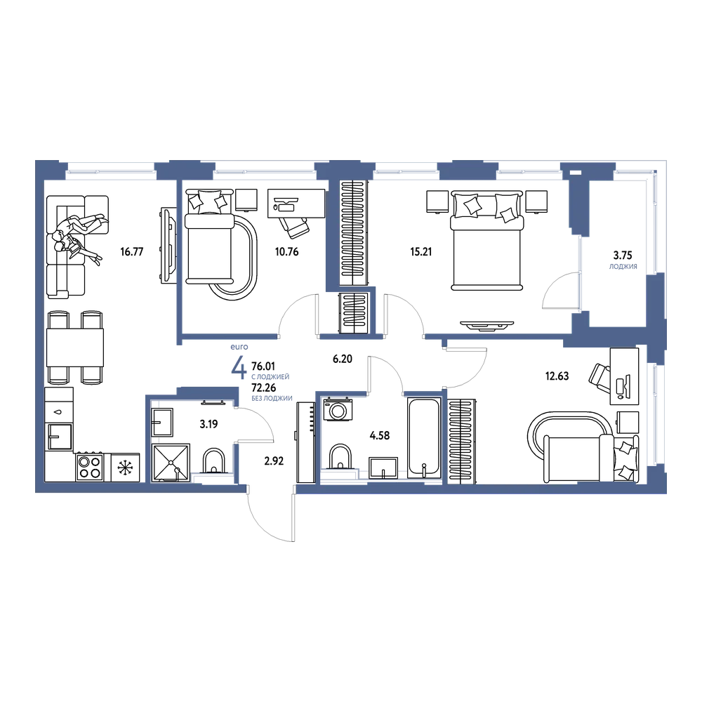 Планировка: Евро-4 76,01 м²