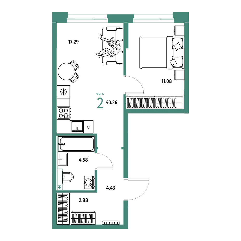 Планировка: Евродвушка 40,26 м²