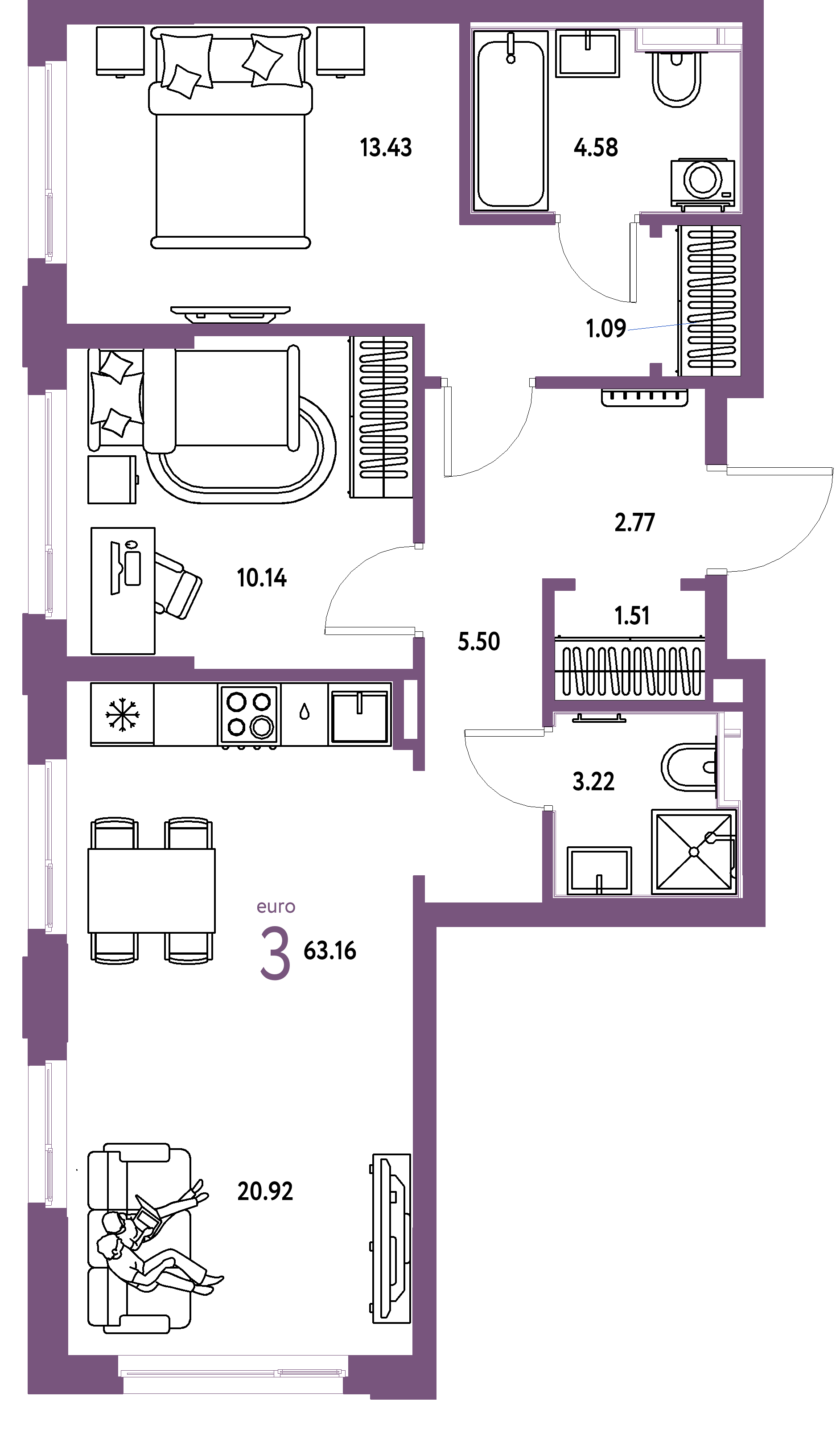 Планировка: Евротрёшка 63,16 м² в ЖК «Сердце Сибири»