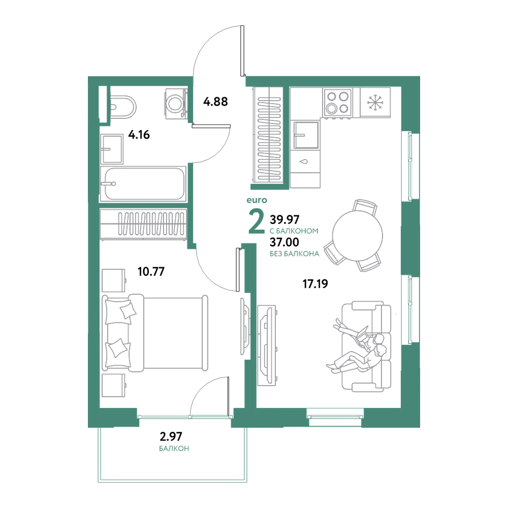 Планировка: Евродвушка 39,97 м²