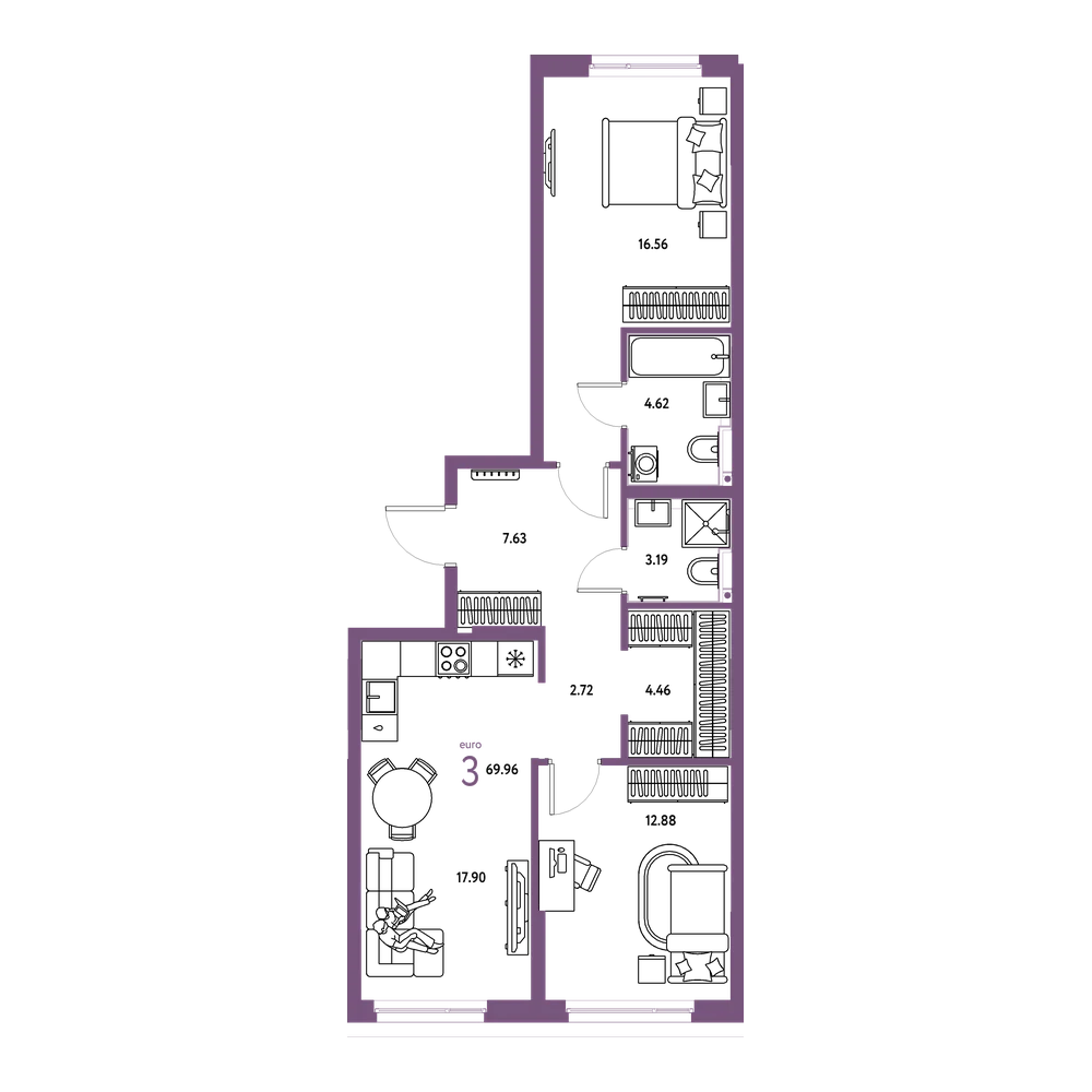 Планировка: Евротрёшка 69,96 м²