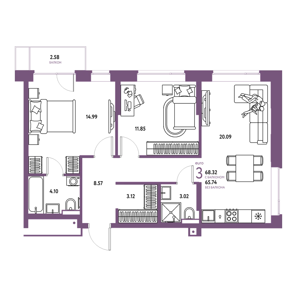 Планировка: Евротрёшка 68,32 м²