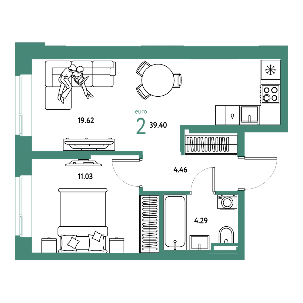 Планировка: Евродвушка 39,4 м²