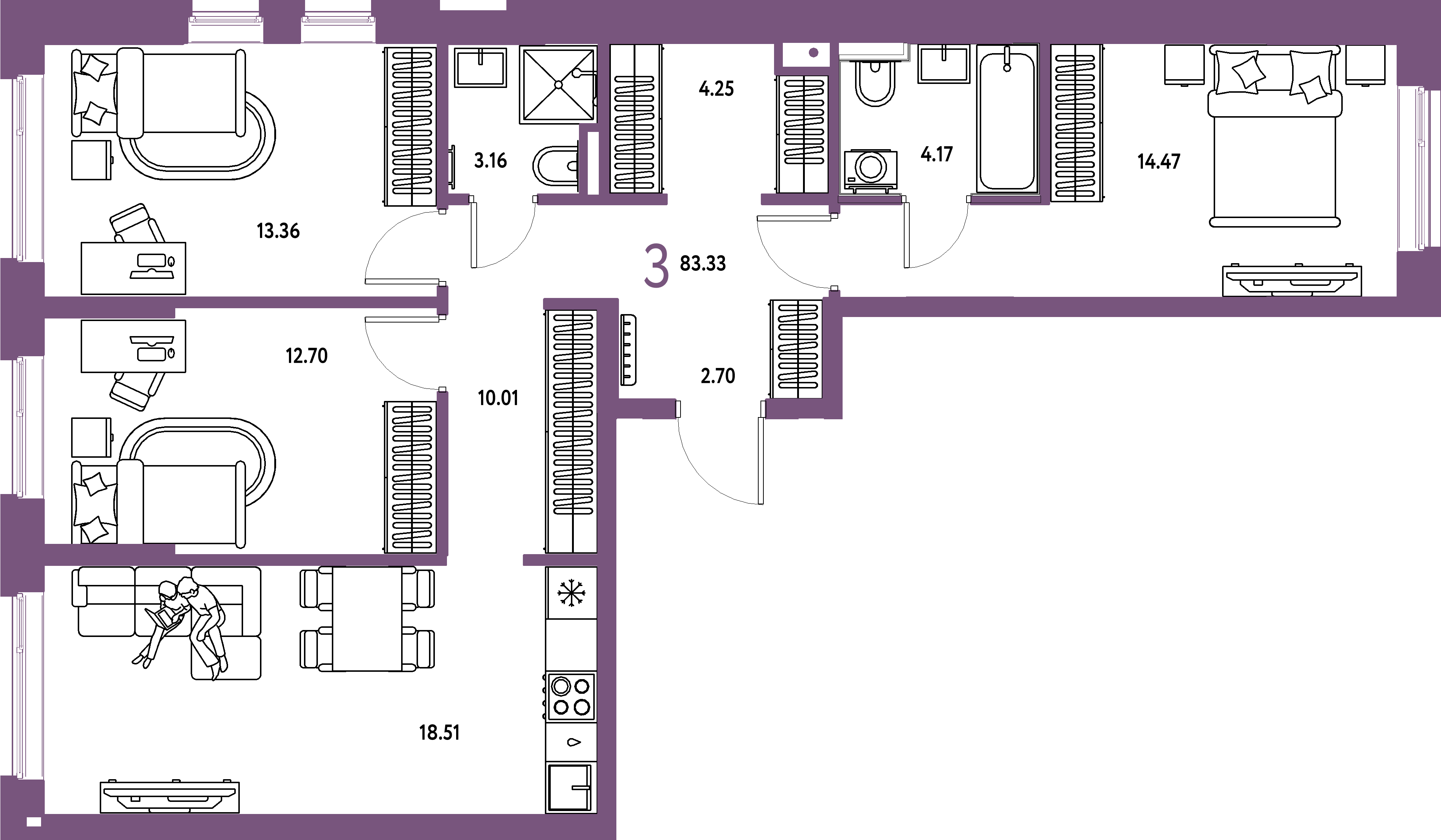 Планировка: 3-комнатная 83,33 м² в ЖК «Остров-сад»