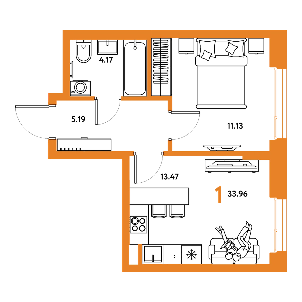 Планировка: 1-комнатная 33,96 м²