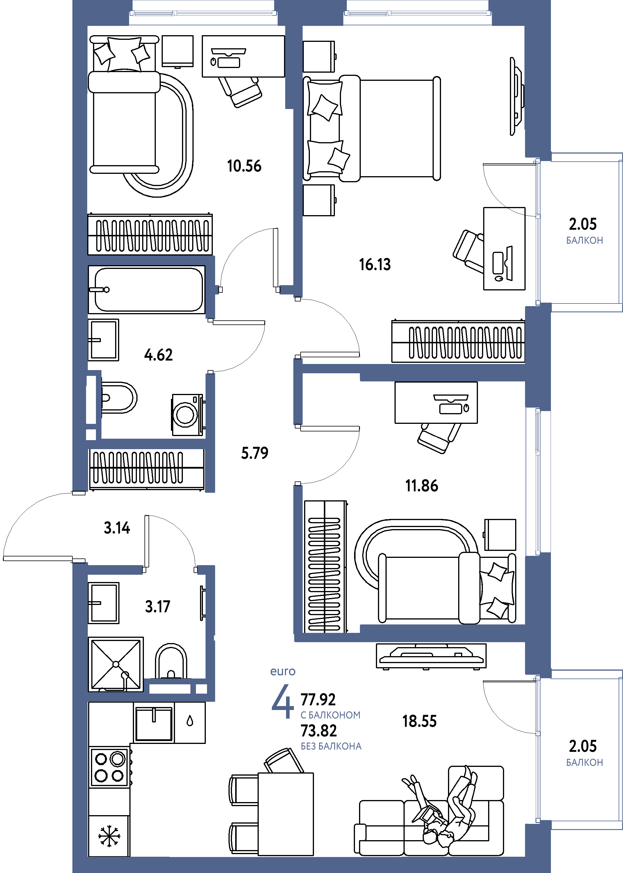 Планировка: Евро-4 77,92 м² в ЖК «Страна.Прибрежная»