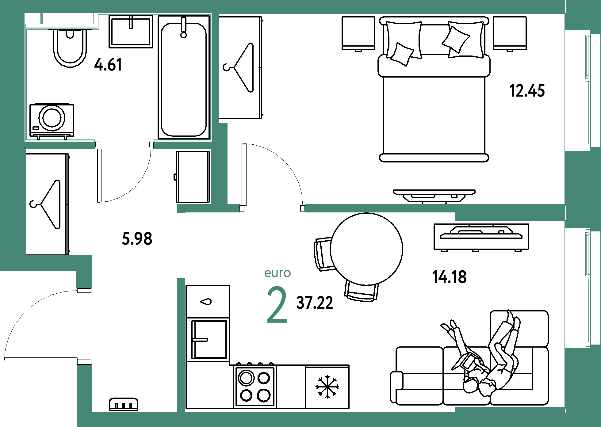 Планировка: Евродвушка 37,22 м² в ЖК «Европейский берег 2.0»