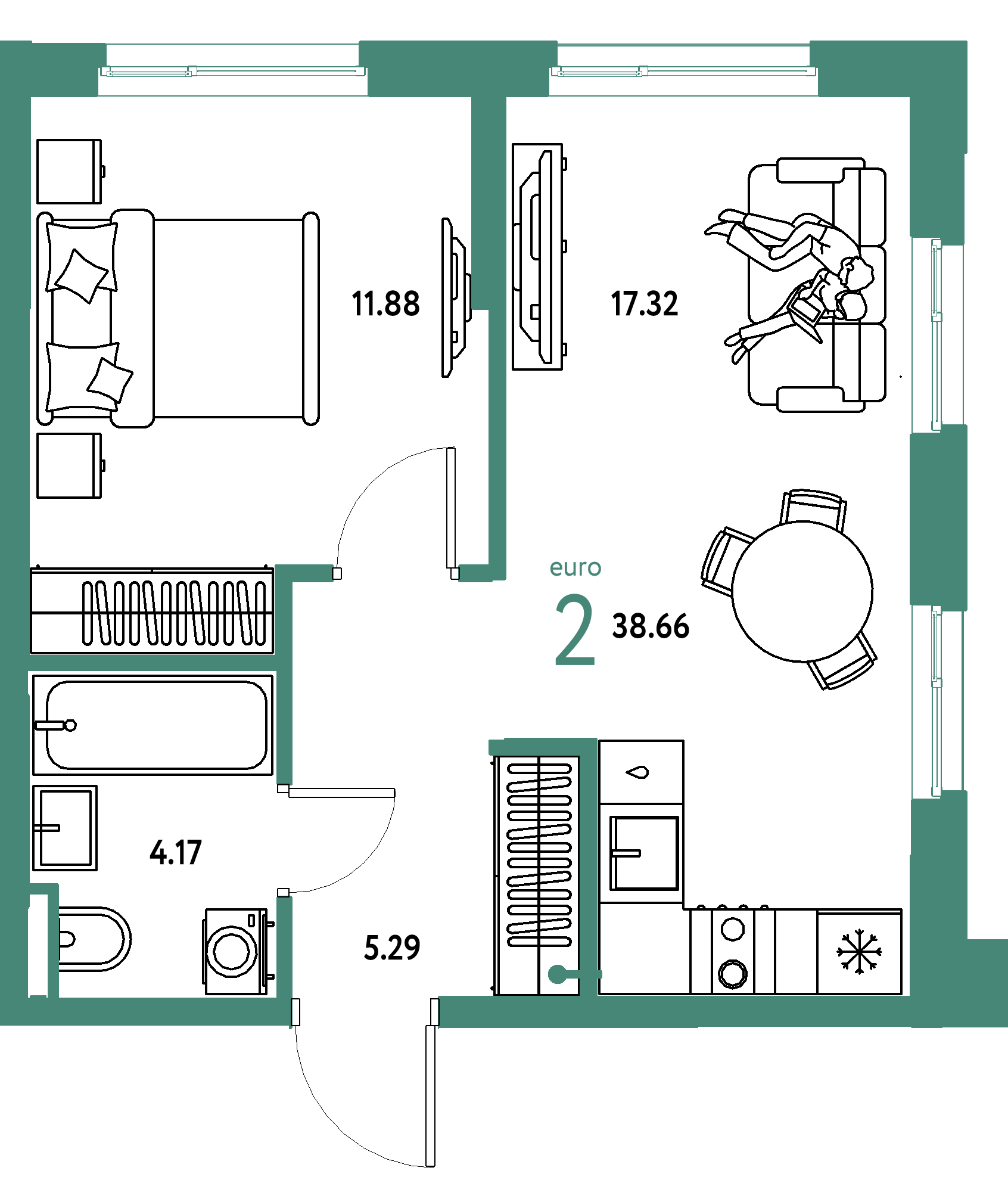 Планировка: Евродвушка 38,66 м² в ЖК «Остров-сад»