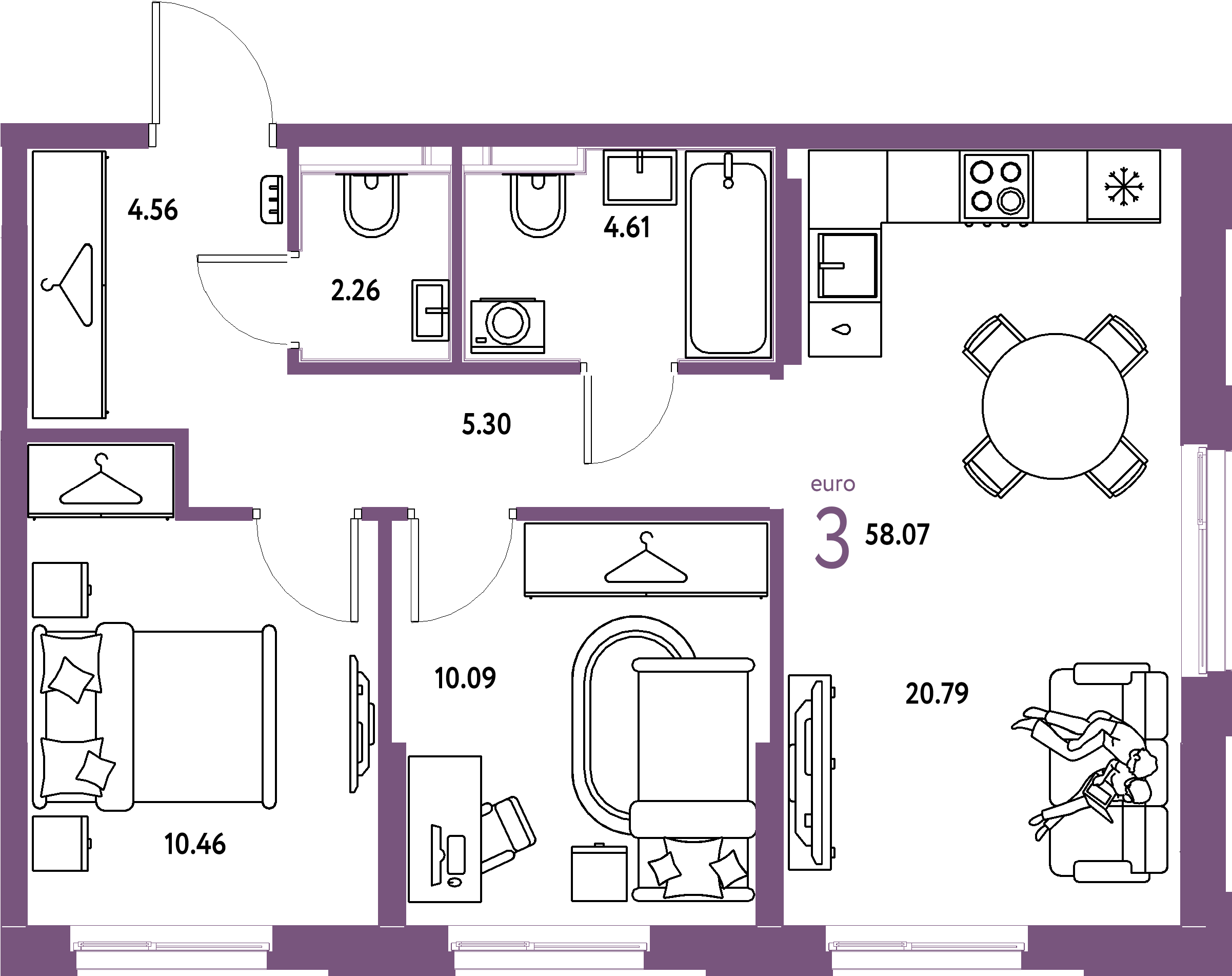 Планировка: Евротрёшка 58,07 м² в ЖК «Европейский берег 2.0»