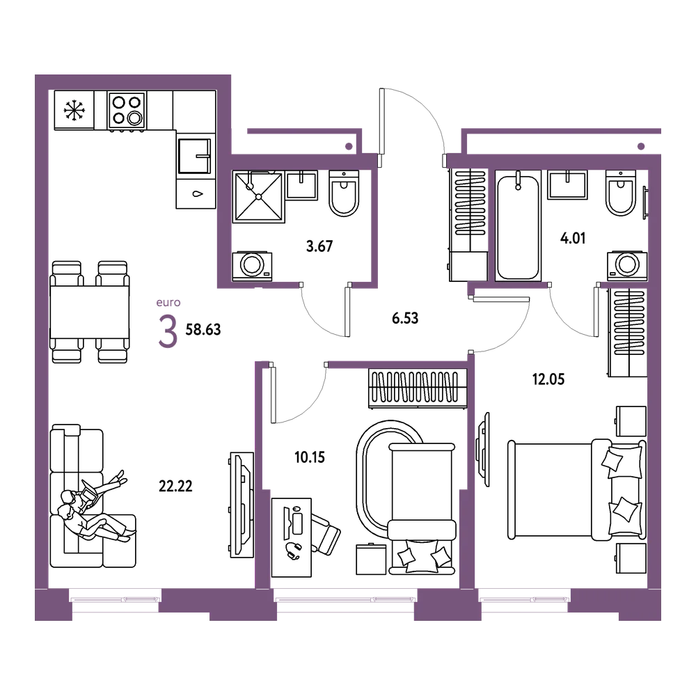 Планировка: Евротрёшка 58,63 м²