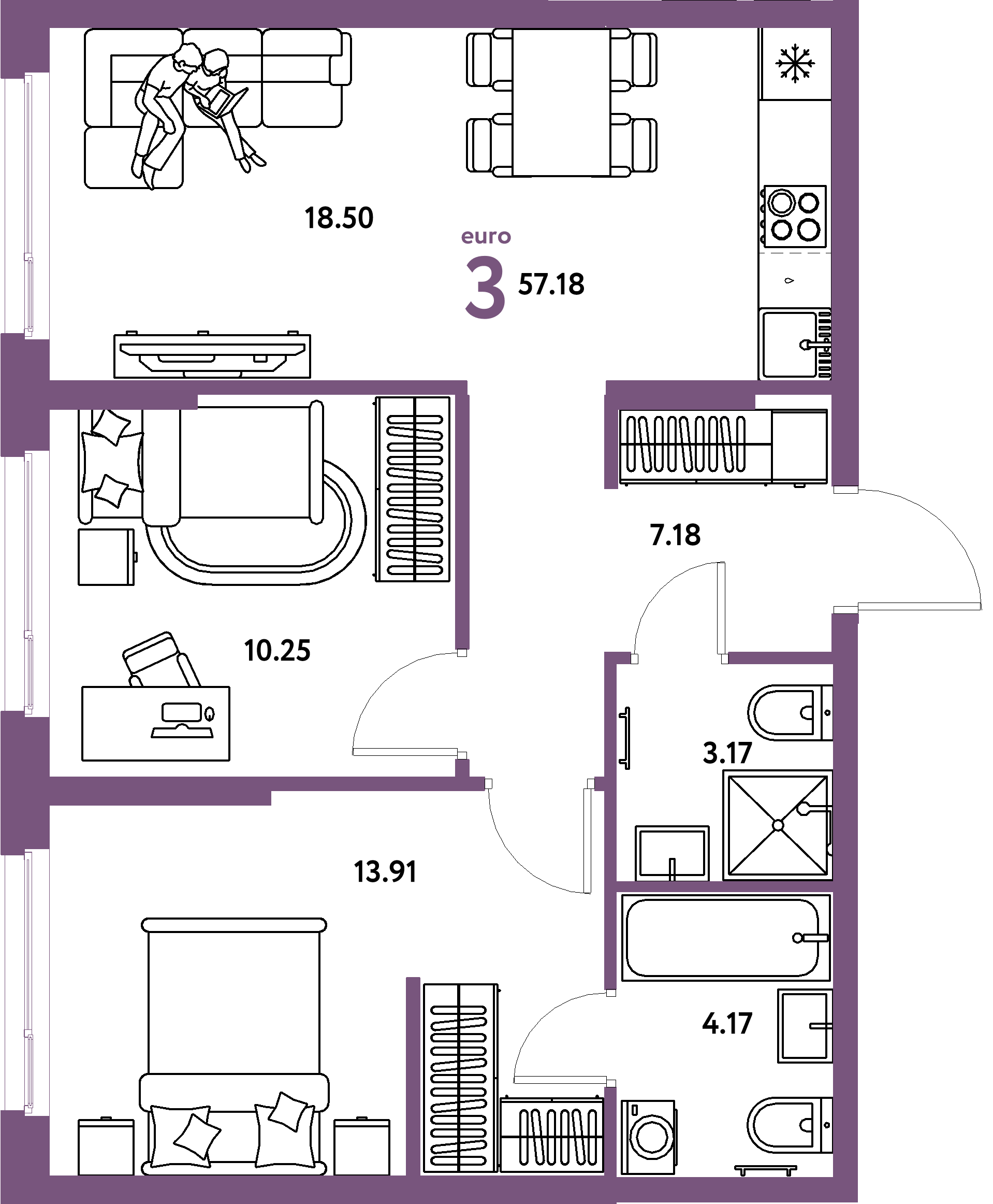 Планировка: Евротрёшка 57,18 м² в ЖК «Европейский берег 2.0»