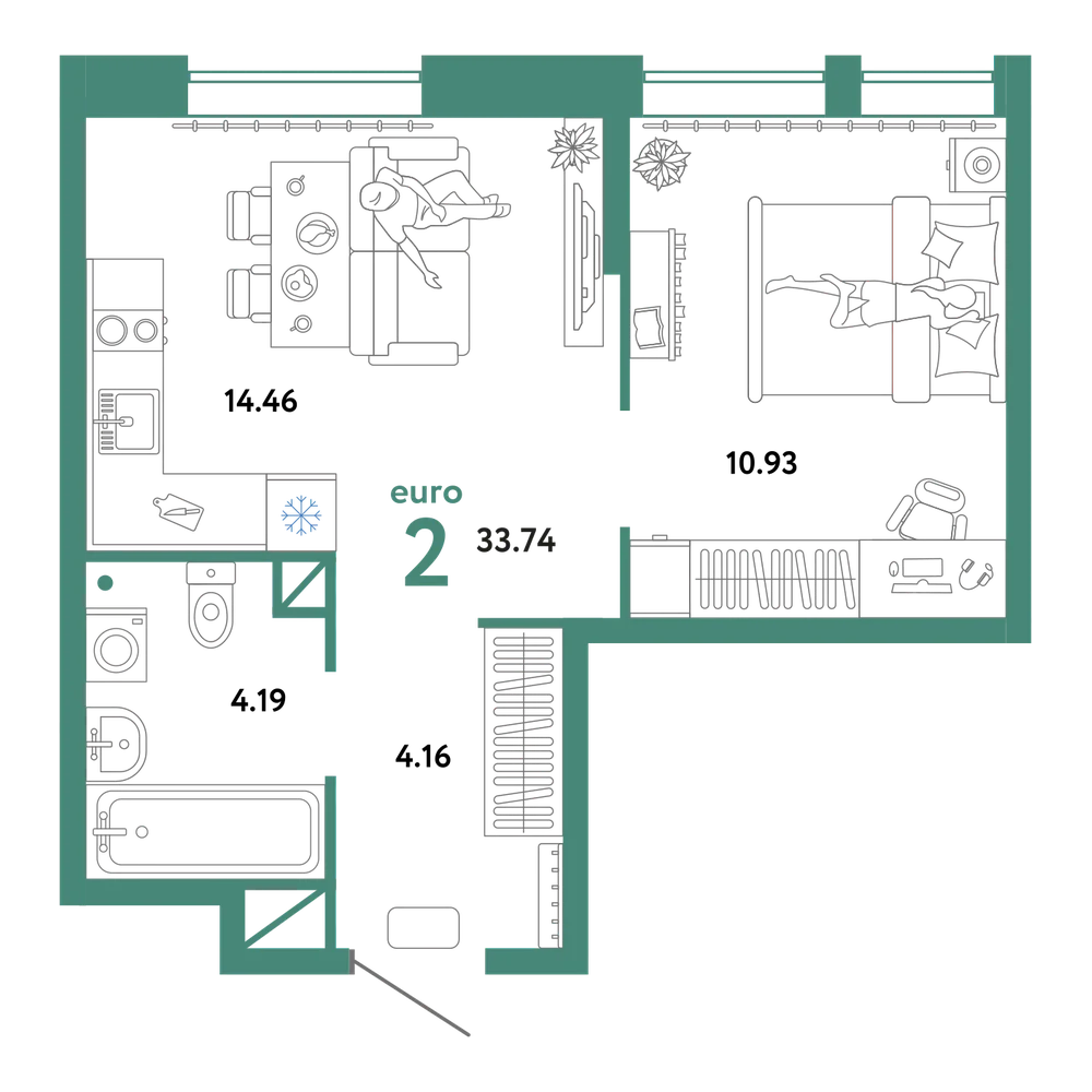 Планировка: Евродвушка 33,74 м²