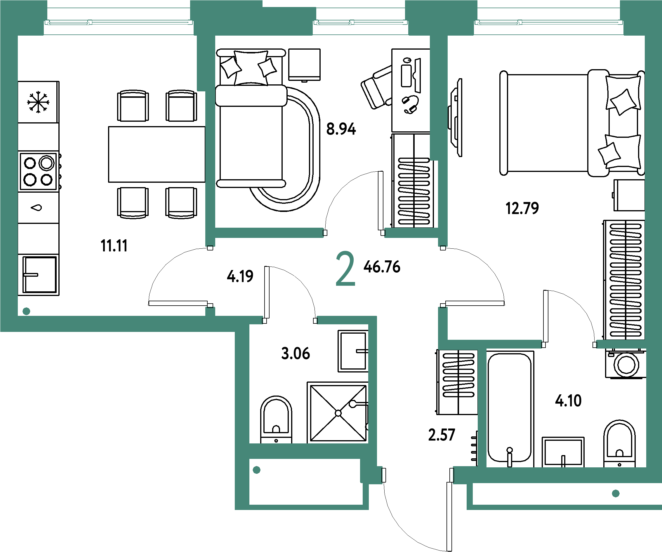 Планировка: 2-комнатная 46,76 м² в ЖК «Домашний»
