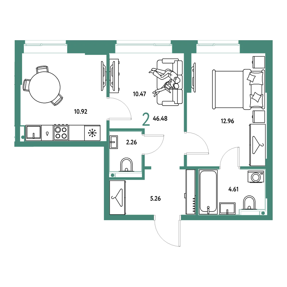 Планировка: 2-комнатная 46,48 м²