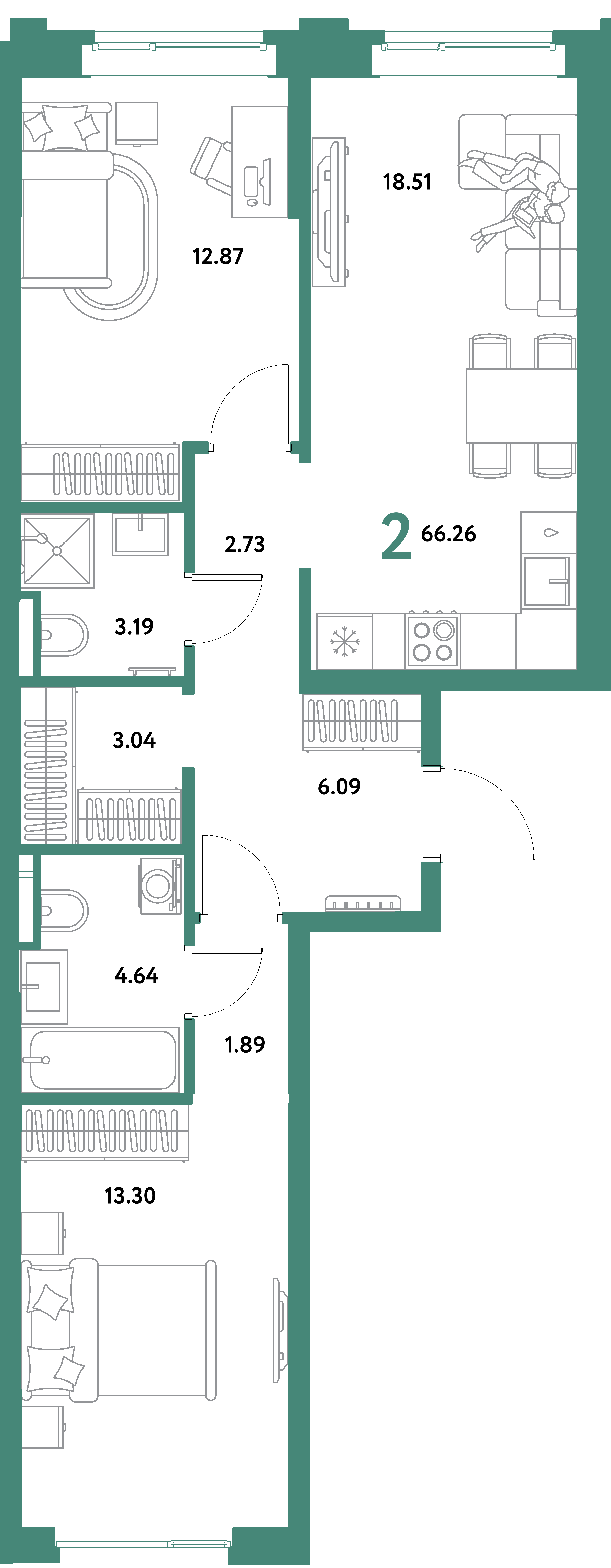 Планировка: 2-комнатная 66,26 м² в ЖК «Остров-сад»