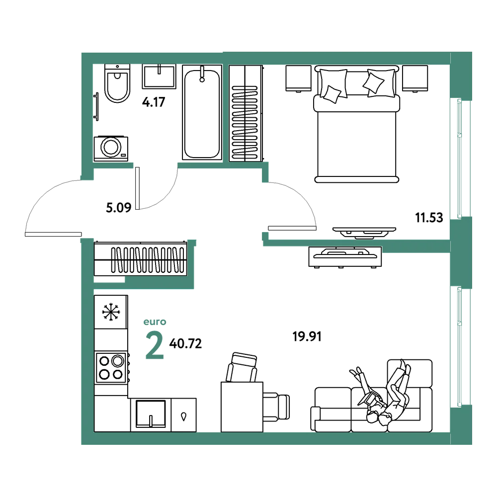 Планировка: Евродвушка 40,72 м²