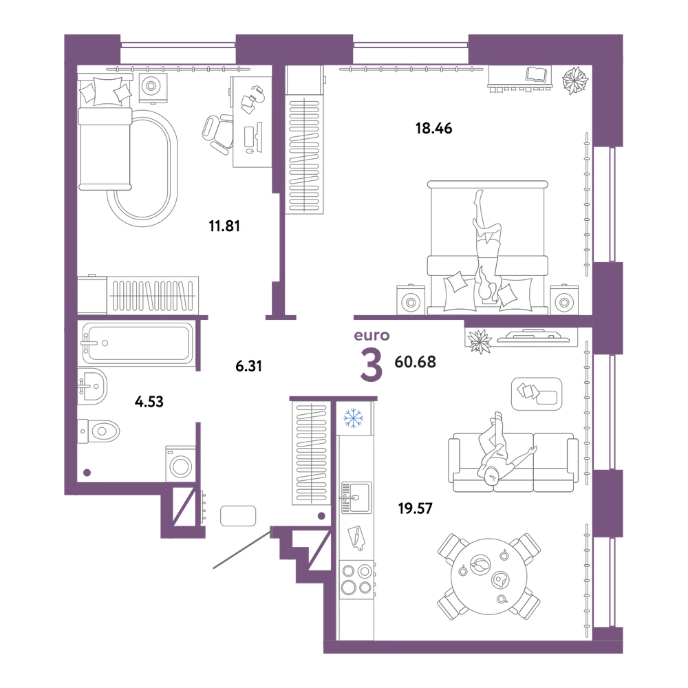 Планировка: Евротрёшка 60,68 м²