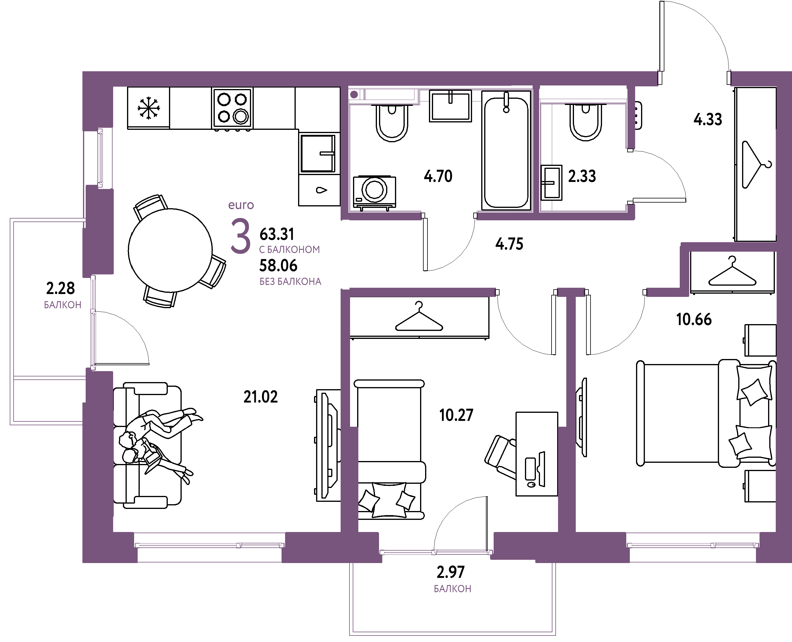 Планировка: Евротрёшка 63,31 м² в ЖК «Страна.Прибрежная»