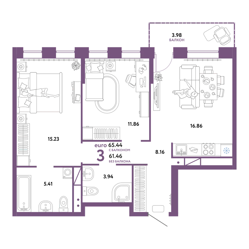 Планировка: Евротрёшка 65,44 м²