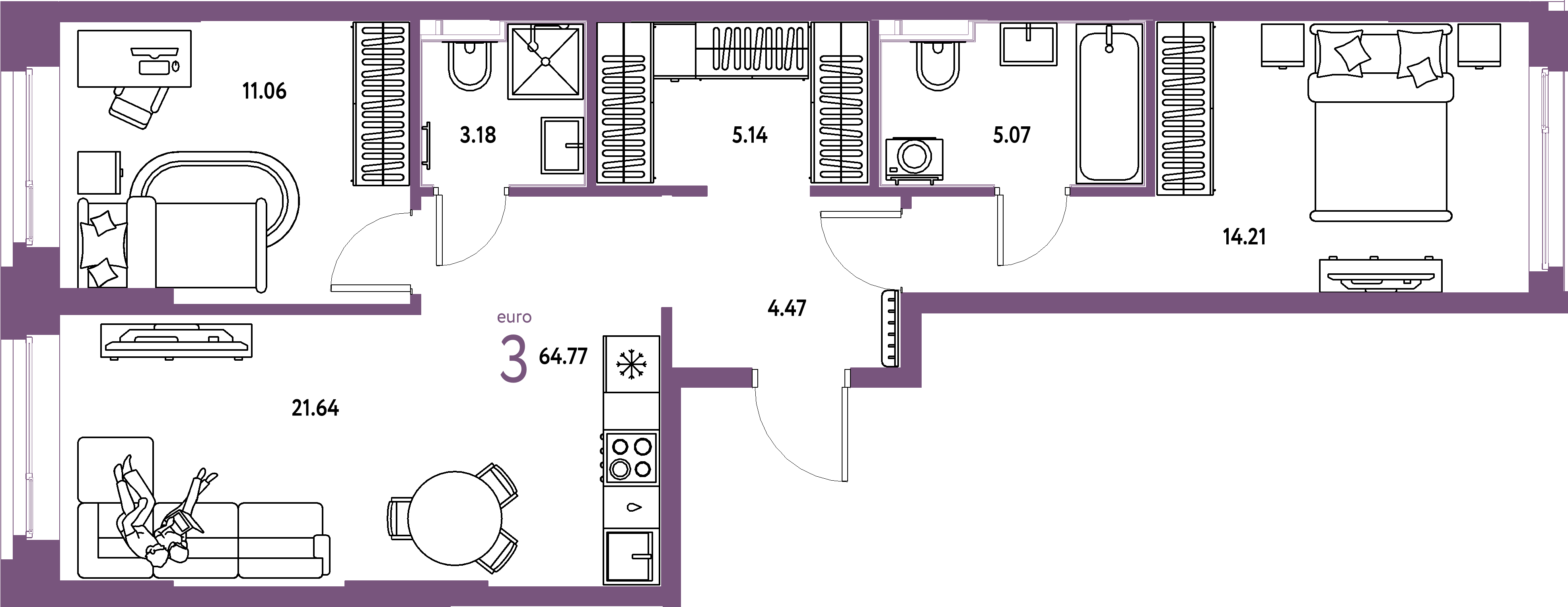 Планировка: Евротрёшка 64,77 м² в ЖК «Сердце Сибири»