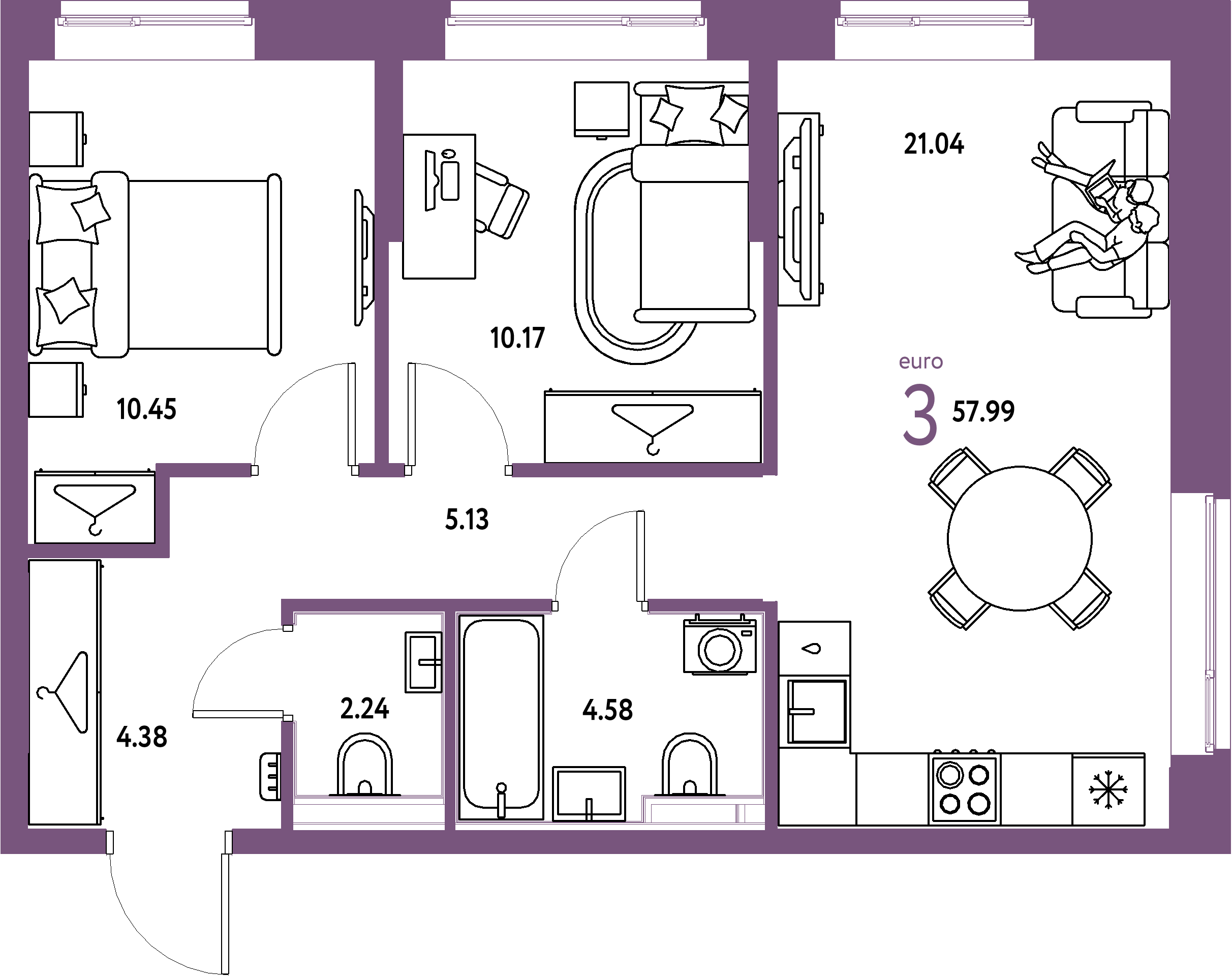 Планировка: Евротрёшка 57,99 м² в ЖК «Европейский берег 2.0»
