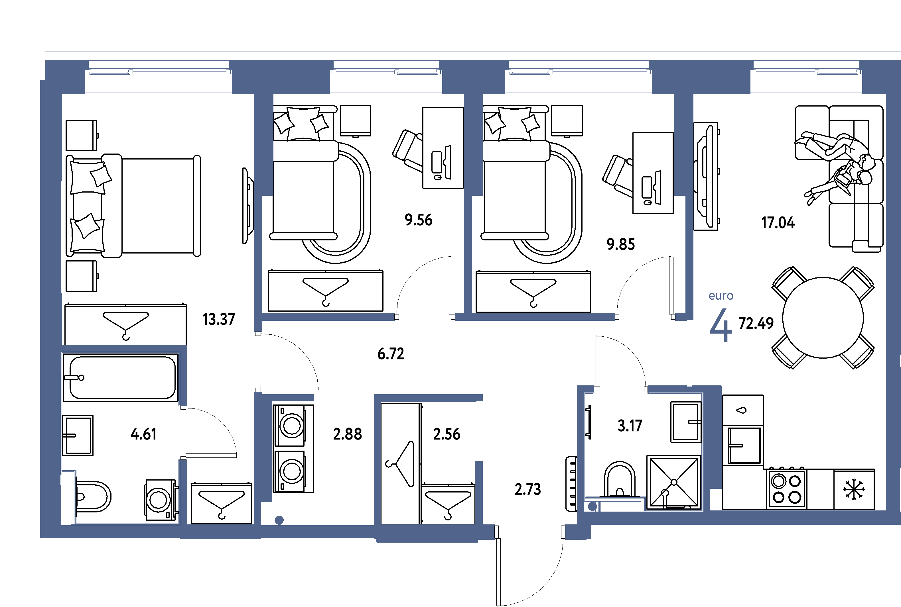 Планировка: Евро-4 72,49 м² в ЖК «Европейский берег 2.0»