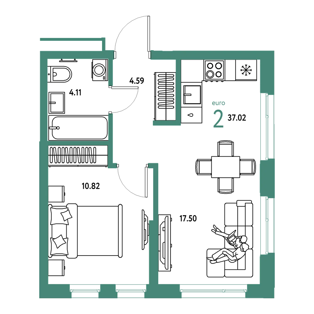 Планировка: Евродвушка 37,02 м²