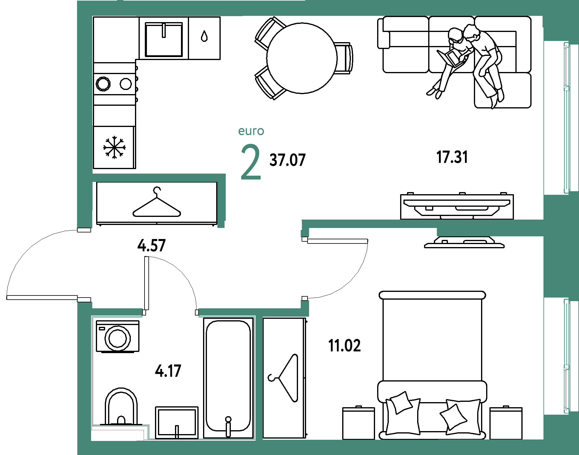Планировка: Евродвушка 37,07 м² в ЖК «Европейский берег 2.0»