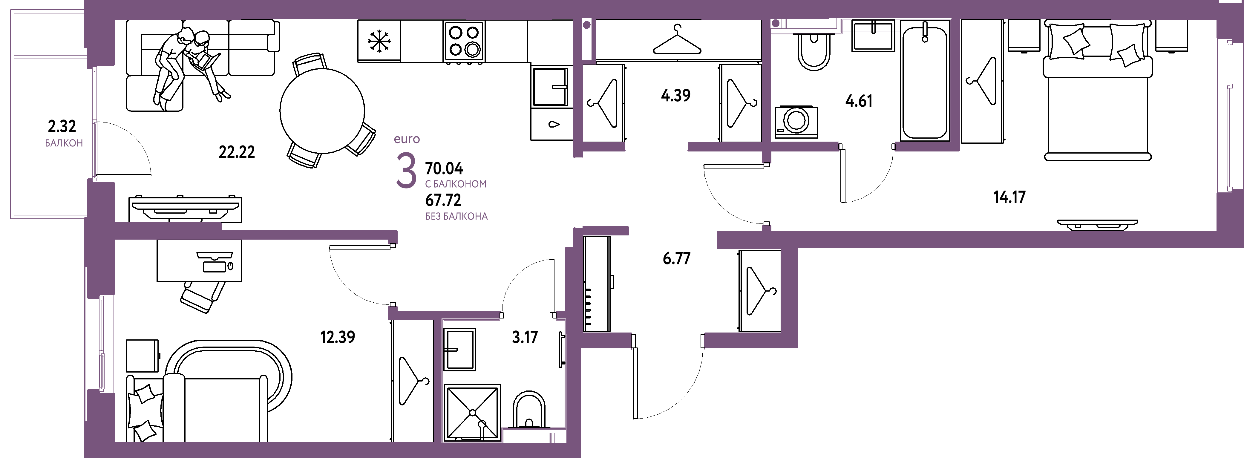 Планировка: Евротрёшка 70,04 м² в ЖК «Страна.Прибрежная»