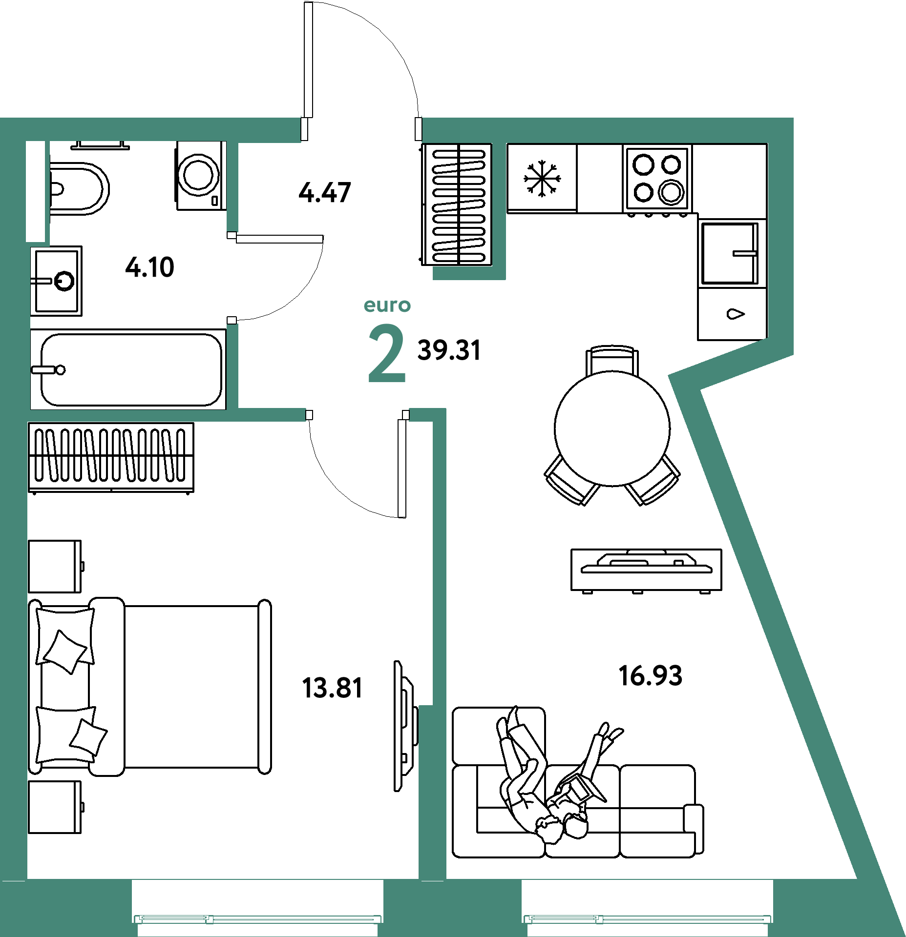Планировка: Евродвушка 39,31 м² в ЖК «Авторский»
