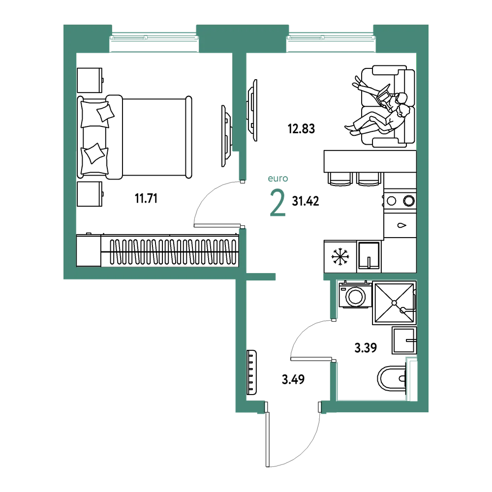 Планировка: Евродвушка 31,42 м²
