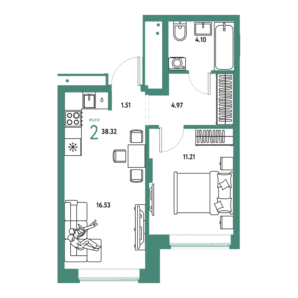 Планировка: Евродвушка 38,32 м²