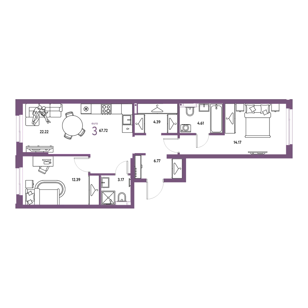 Планировка: Евротрёшка 67,72 м²