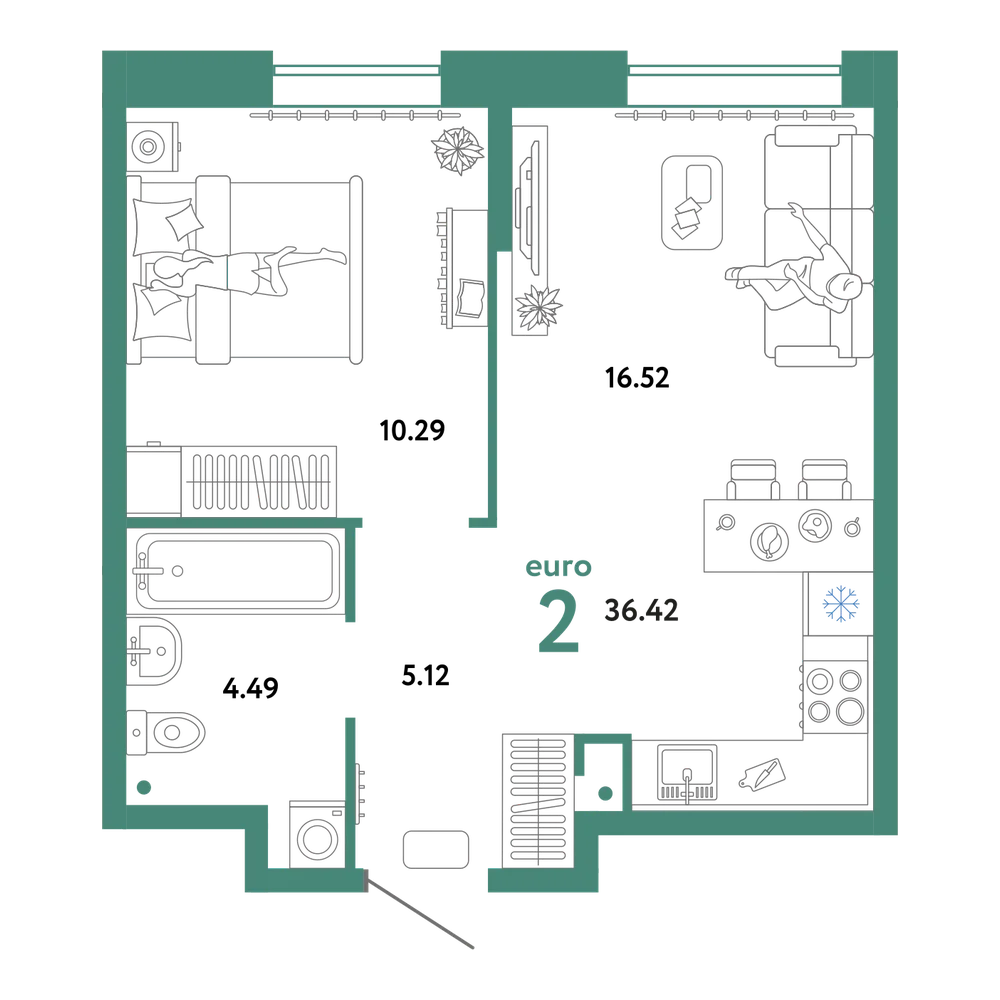 Планировка: Евродвушка 36,42 м²