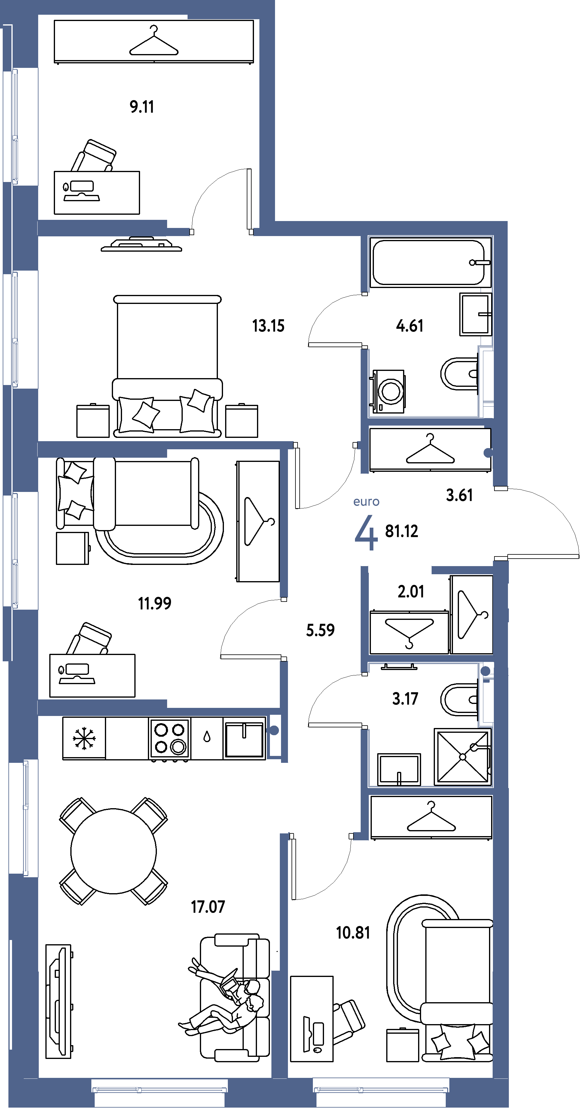 Планировка: Евро-4 81,12 м² в ЖК «Европейский берег 2.0»