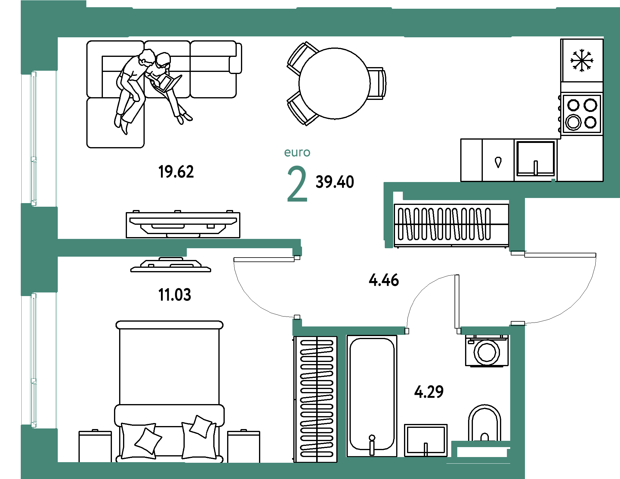 Планировка: Евродвушка 39,4 м² в ЖК «Остров-сад»