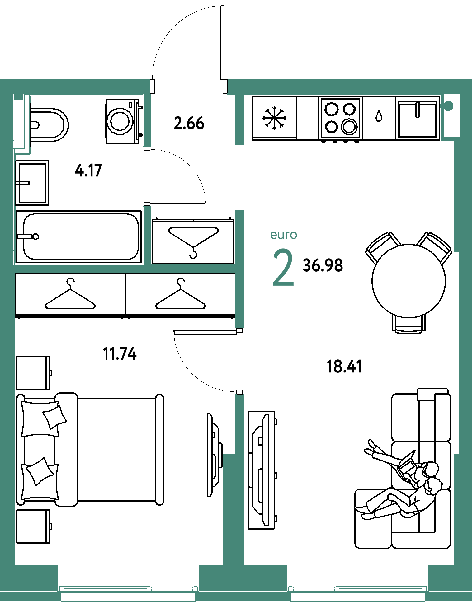Планировка: Евродвушка 36,98 м² в ЖК «Европейский берег 2.0»