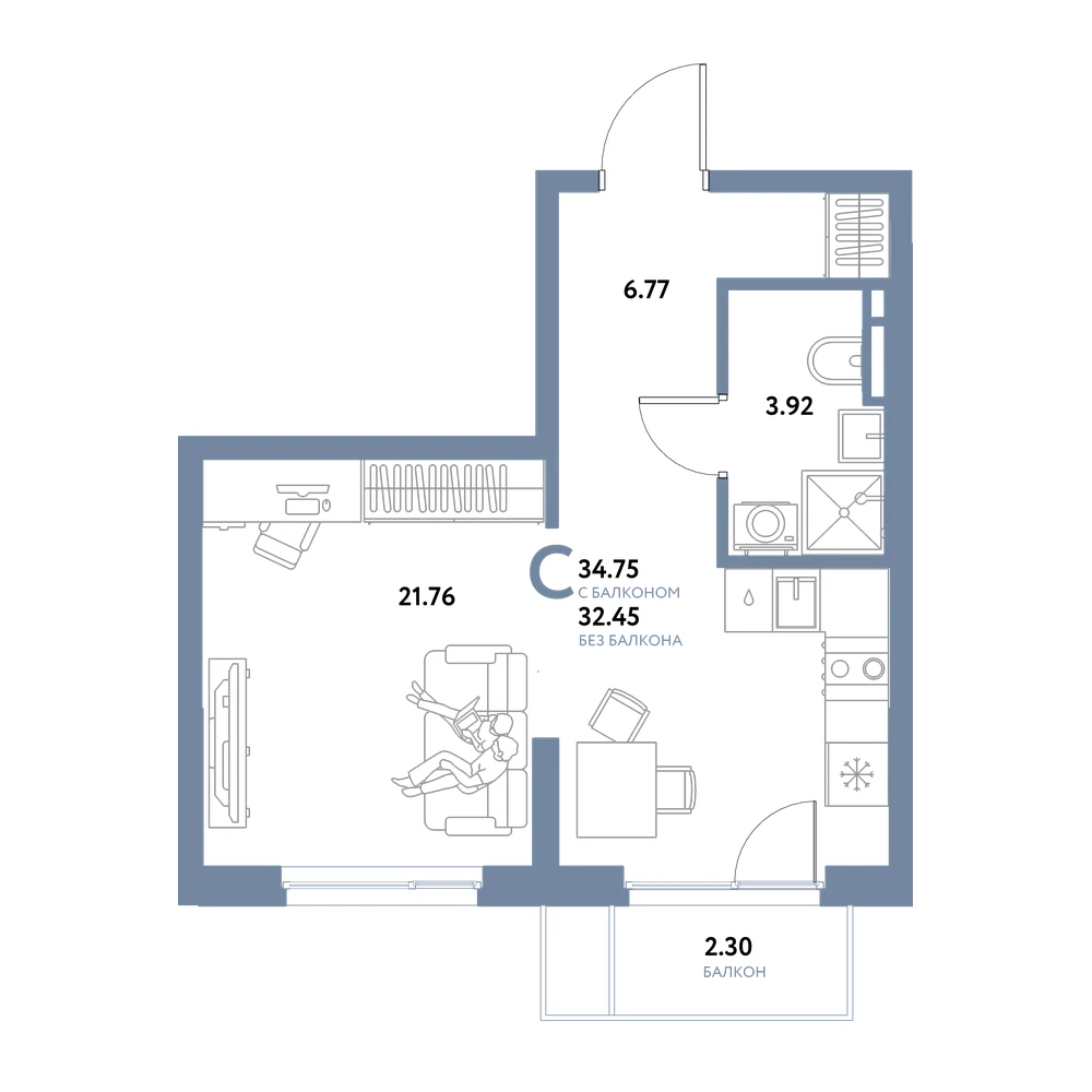 Планировка: Студия 34,75 м²