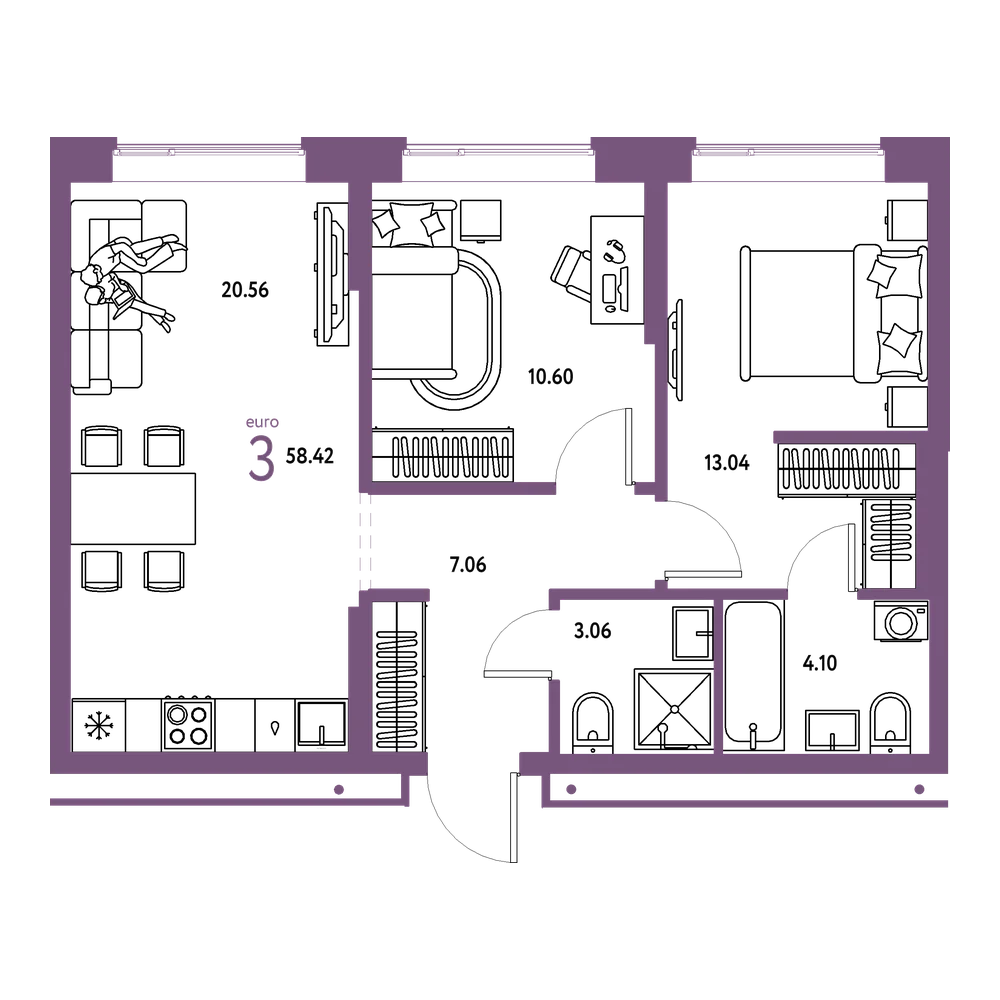 Планировка: Евротрёшка 58,42 м²