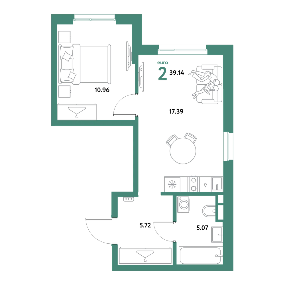 Планировка: Евродвушка 39,14 м²
