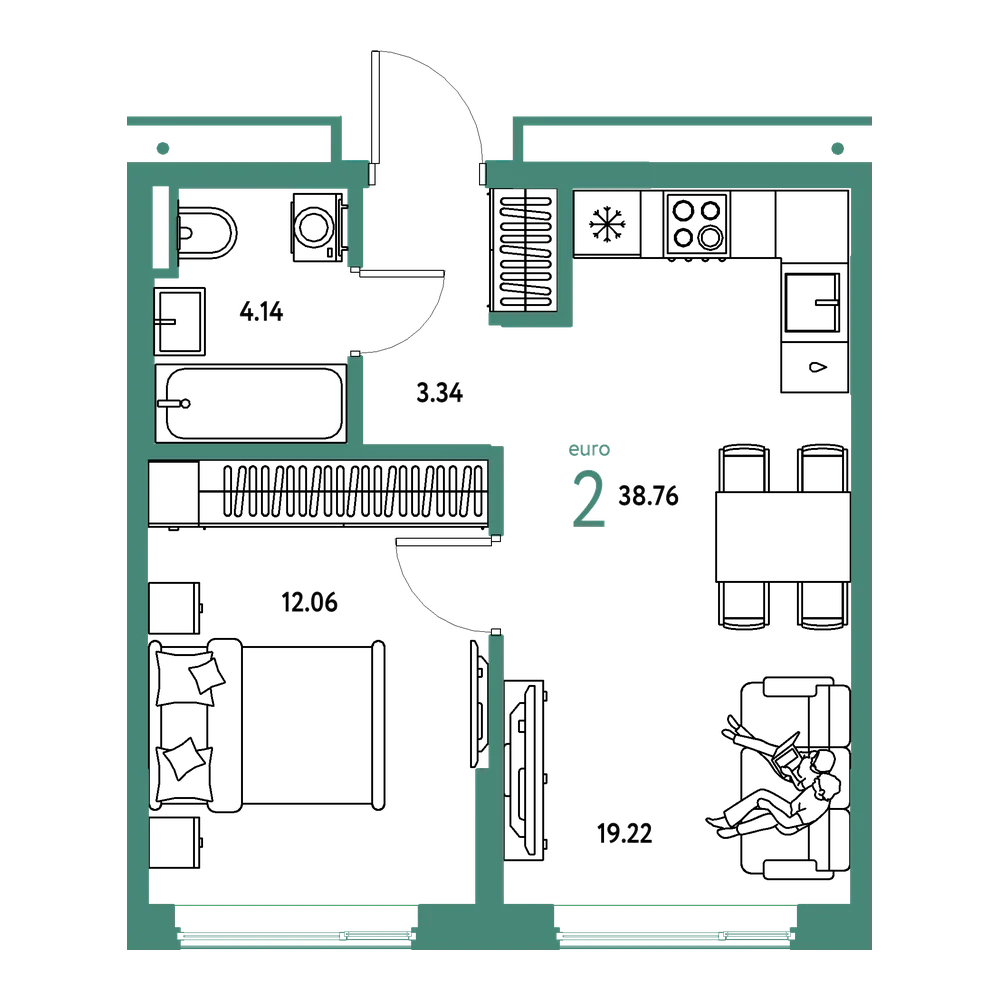 Планировка: Евродвушка 38,76 м²