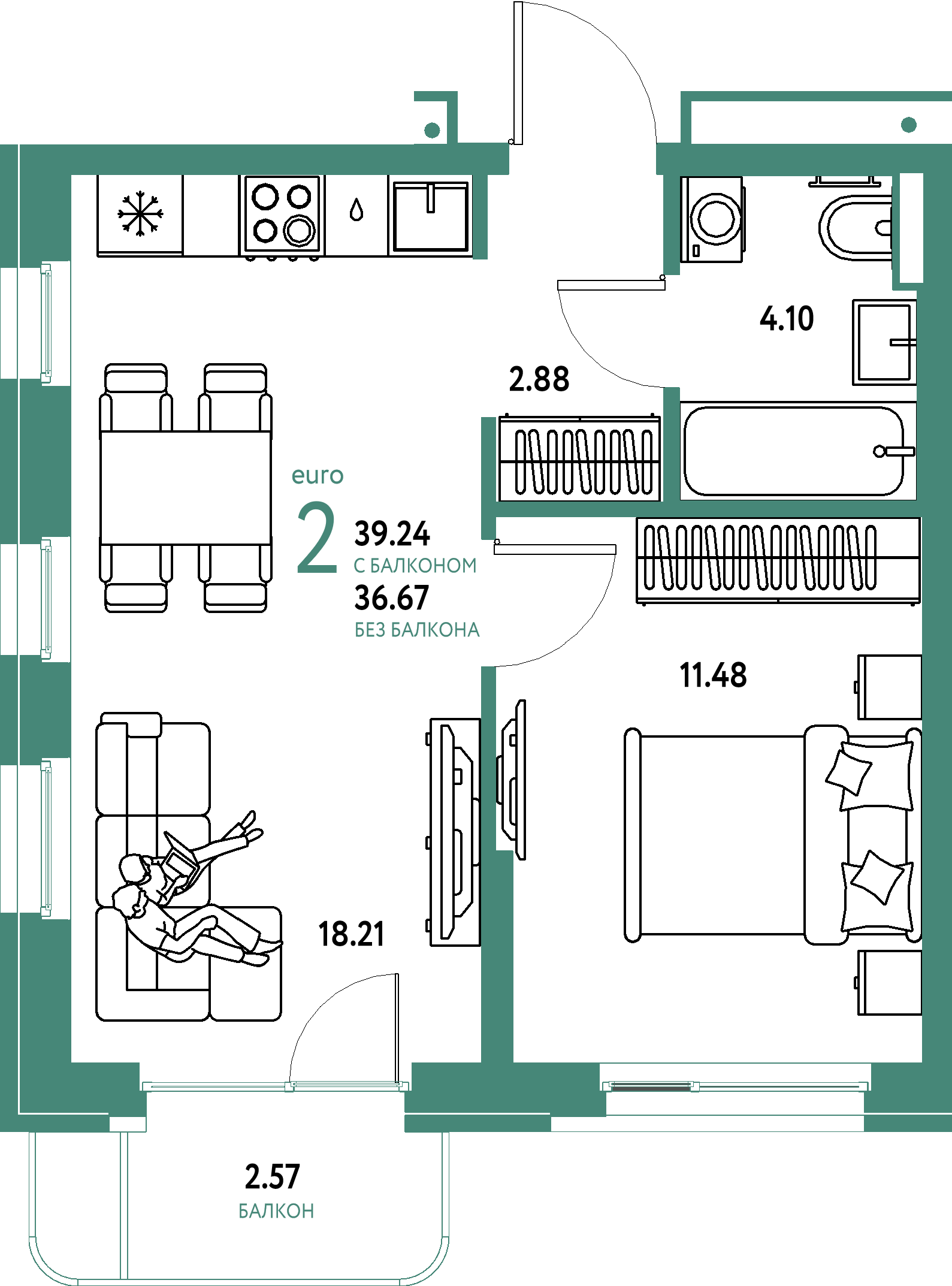 Планировка: Евродвушка 39,24 м² в ЖК «Домашний»