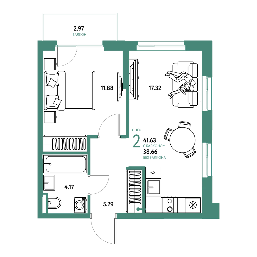 Планировка: Евродвушка 41,63 м²